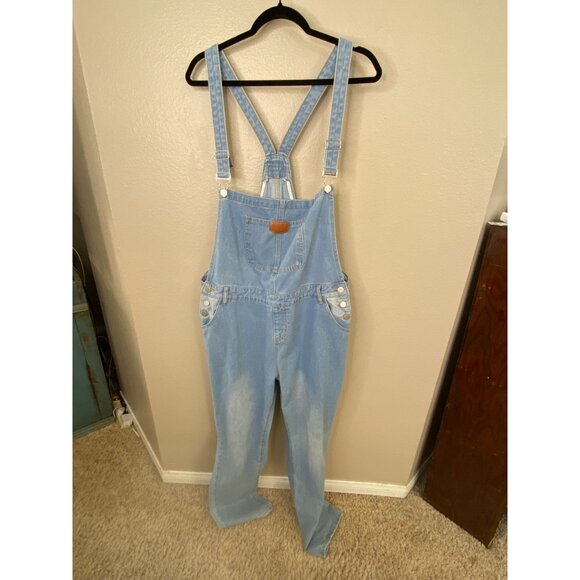 Light Blue Denim Overalls Womens 2XL Adjustable Straps Distressed Style Casual - Picture 2 of 7